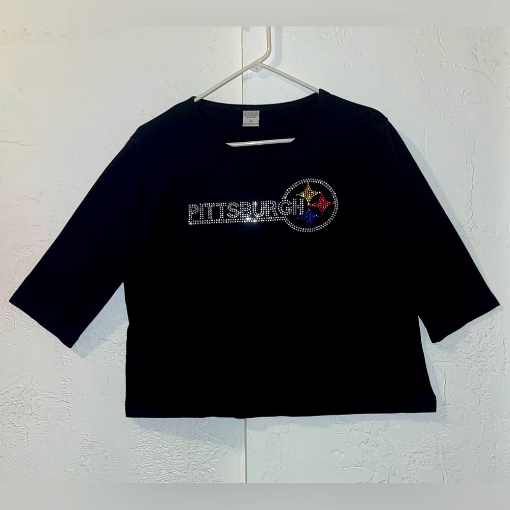 Vintage Pittsburgh Steelers Embellished 3/4 Sleeve Black Shirt 100% Cotton